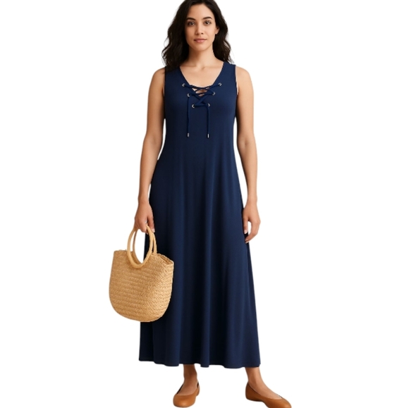 Philosophy Navy Maxi Dress | Lace Up Front Jersey Knit Sleeveless Preppy Coastal - Picture 1 of 8
